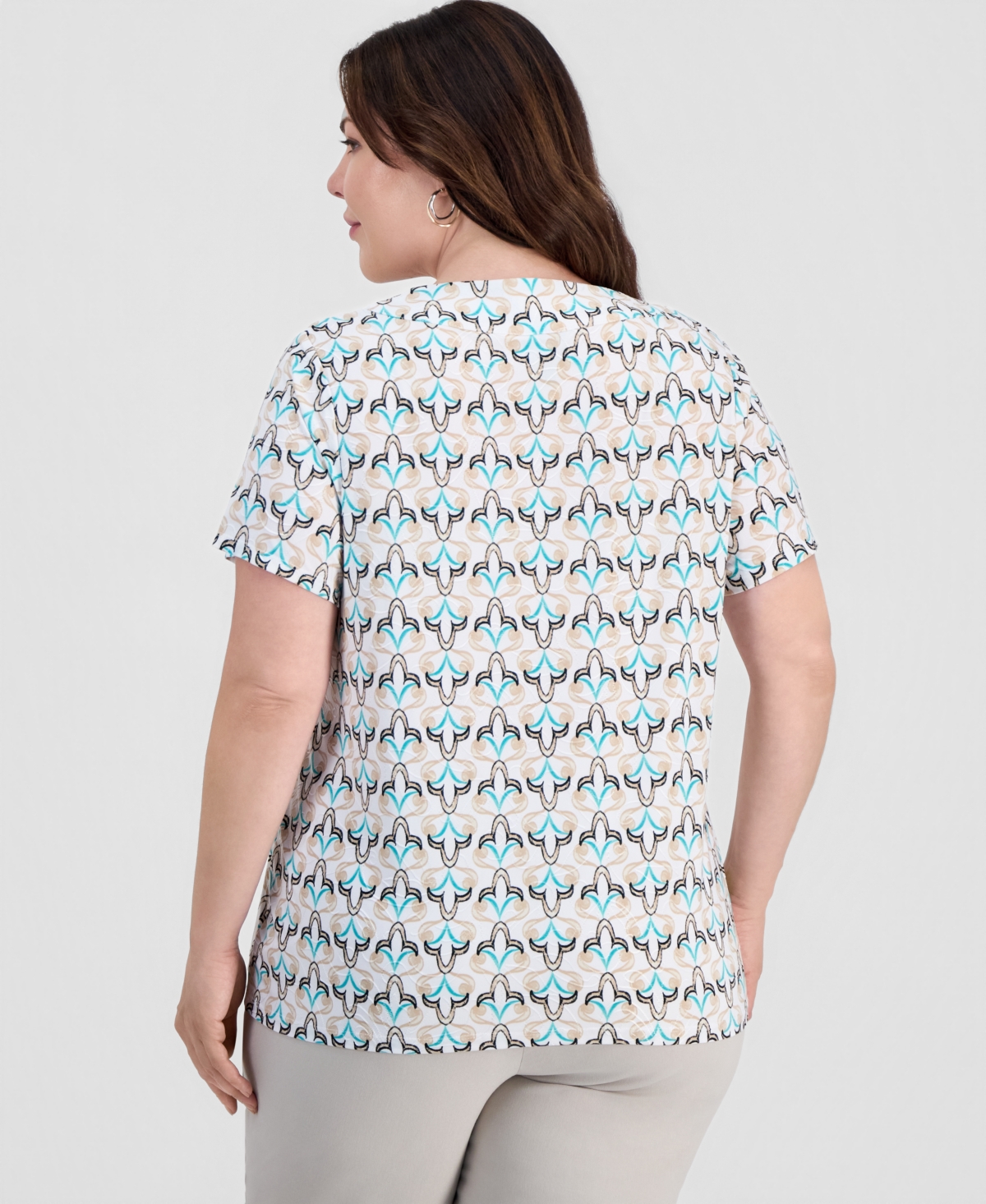 Jm Collection Plus Printed Short Sleeve V-Neck Jacquard Top