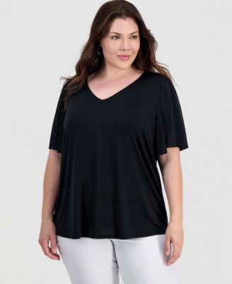 Plus Size Solid V-Neck Flutter-Sleeve Top
