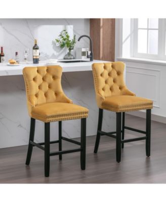 Set of 2 Velvet Counter Height Stools, 26.3" Button Tufted Upholstered Kitchen Island Chairs with Back