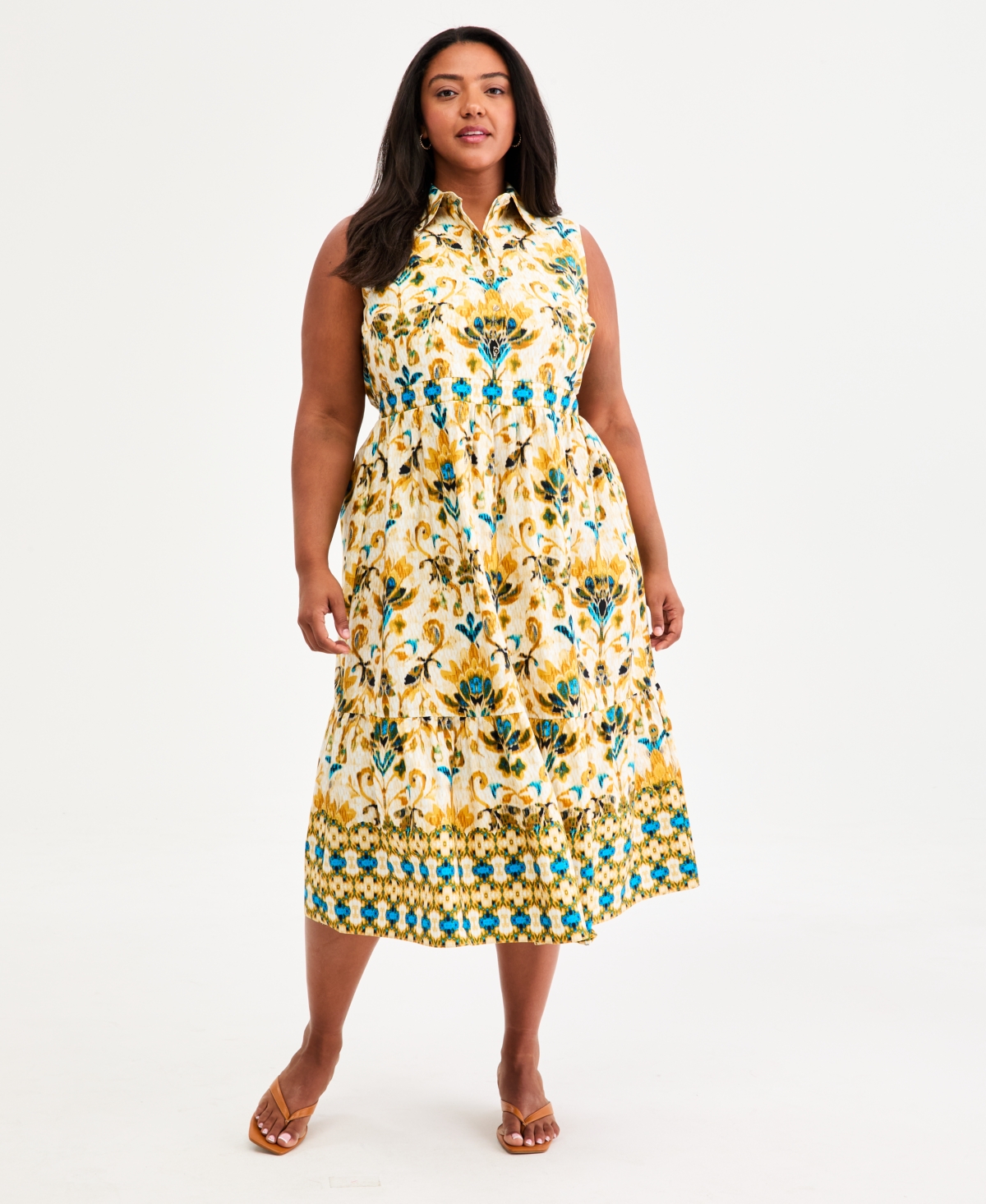 Kasper Plus Sleeveless Collared Midi Tiered Dress