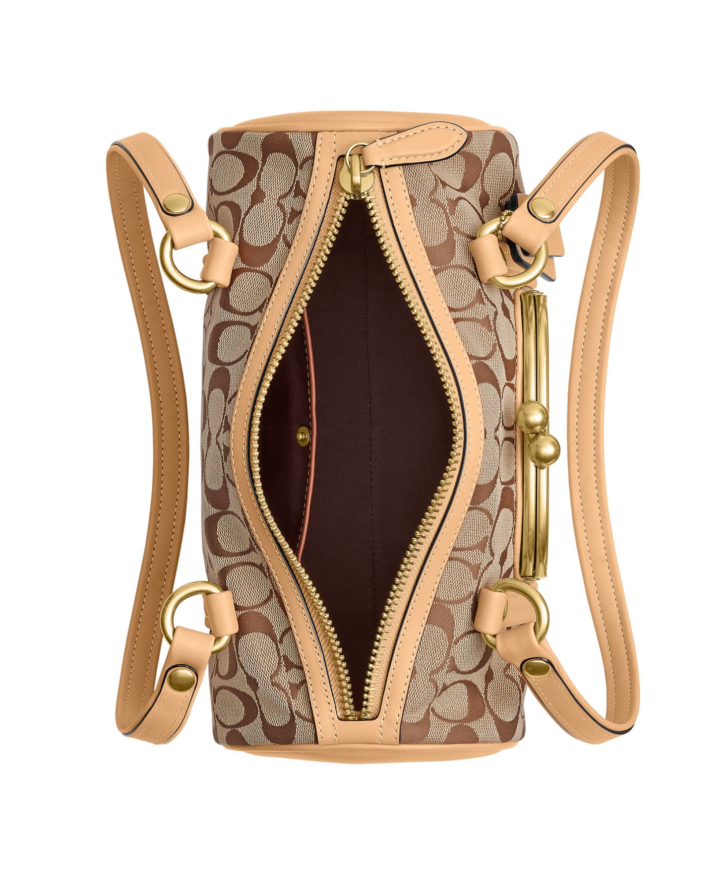 Женская сумка COACH Kisslock Small Signature Jacquard Barrel Shoulder 28, цвет: Латунный / Хаки персиковый — фото 2