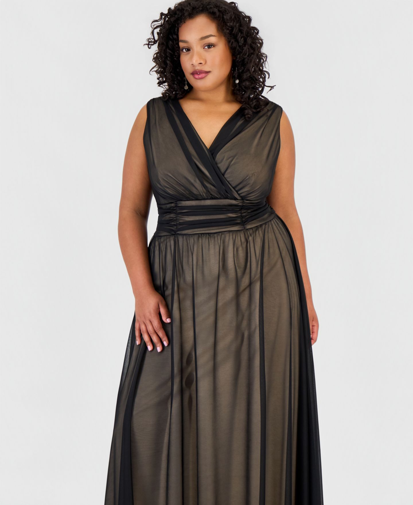 Женское платье Connected Plus Size Matte Chiffon Sleeveless V-Neck, цвет: Чёрный телесный — фото 5