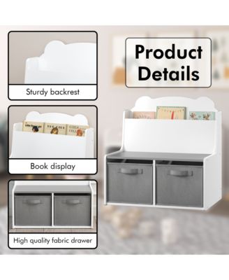 Kids Bookshelf - Wooden Bookcase with Book Display Shelf, 2 Fabric Bins and Bear-Shaped Backboard for Bedroom, Playroom