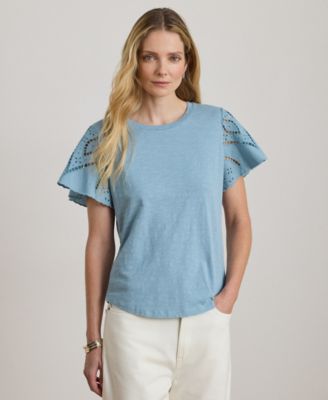 Petite Eyelet Flutter-Sleeve Crewneck Top