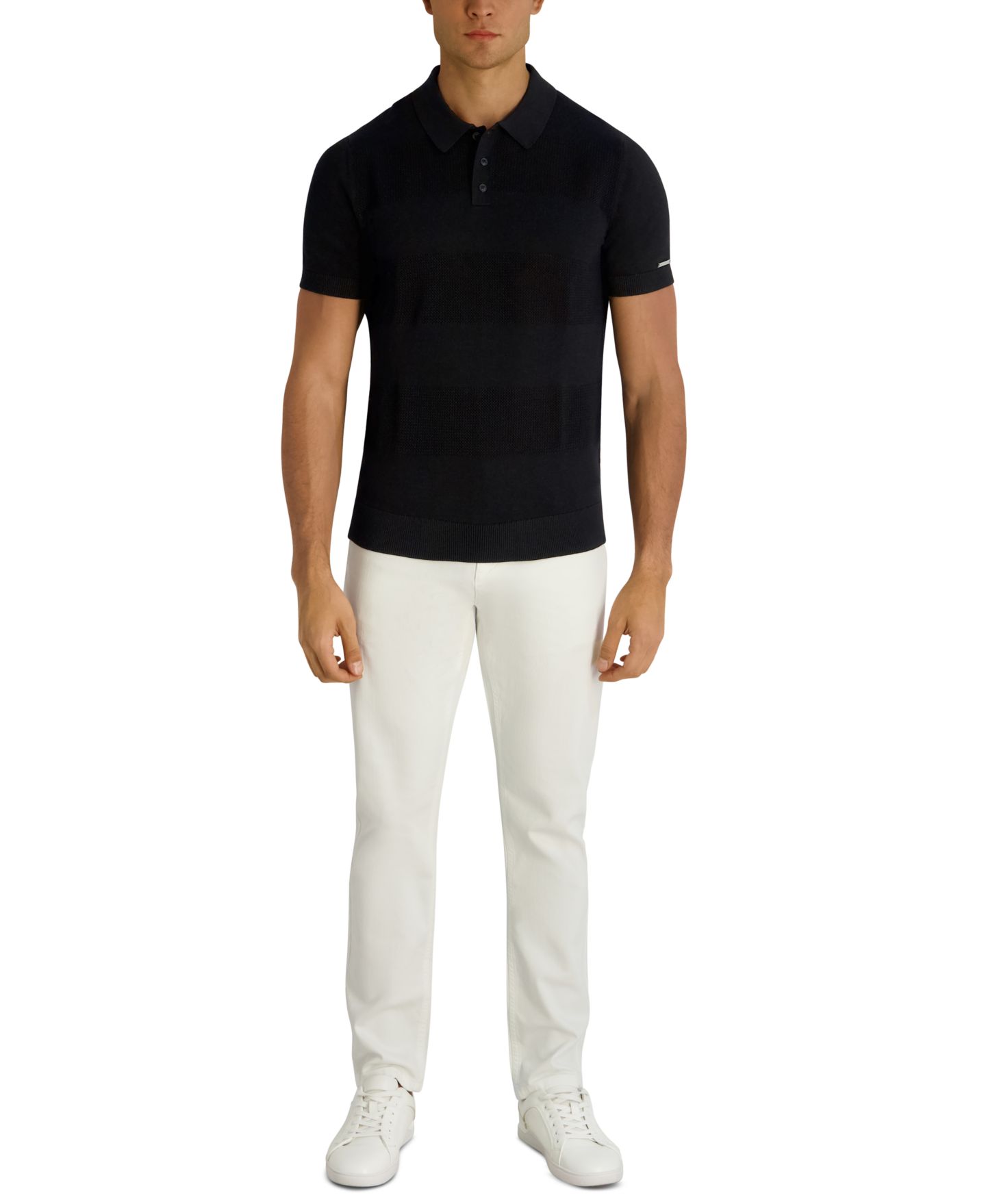 Мужской свитер KARL LAGERFELD PARIS Short-Sleeve Regular-Fit Spread Collar Polo Sweater, цвет: Чёрный — фото 2
