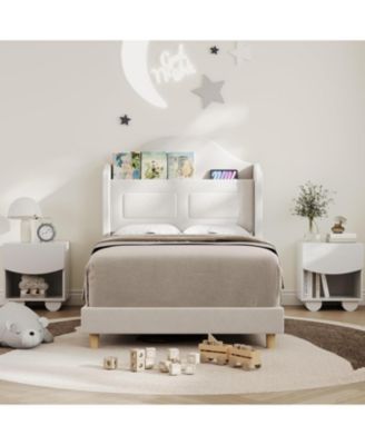 Upholstered Twin Bed Frame with LED Lights, Velvet Platform Bed Frame with Wing Back Storage Headboard, Wood Slats Support, Easy Assembly