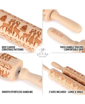 (Set of 2) Large & Small Wooden Carved Christmas Rolling Pin