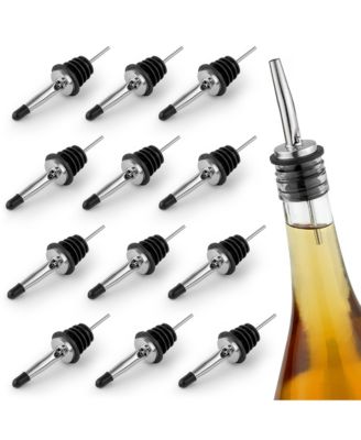 Stainless Steel Liquor Bottle Pourers with Rubber Dust Caps - 12 Pack