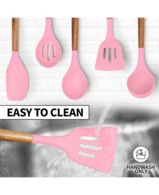 5 Piece Silicone Utensils Set with Authentic Acacia Wood Handles