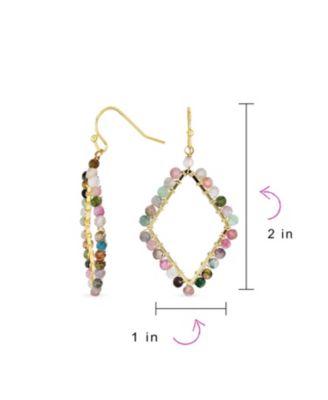 Wire Wrap Multi Color Natural Stone Diamond Shape Dangle Earrings Gold Plated