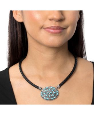 Sterling Kingman Oval Pendant Leather Necklace, 17 to