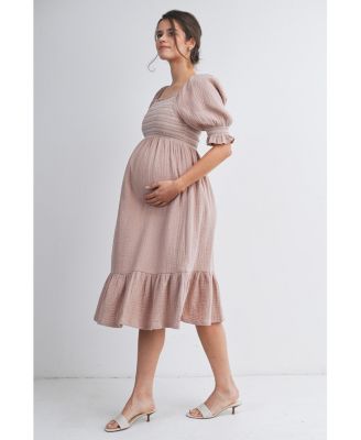 Maternity Smocked Empire Waist Puff Sleeve Midi Dress with Ruffle Hem