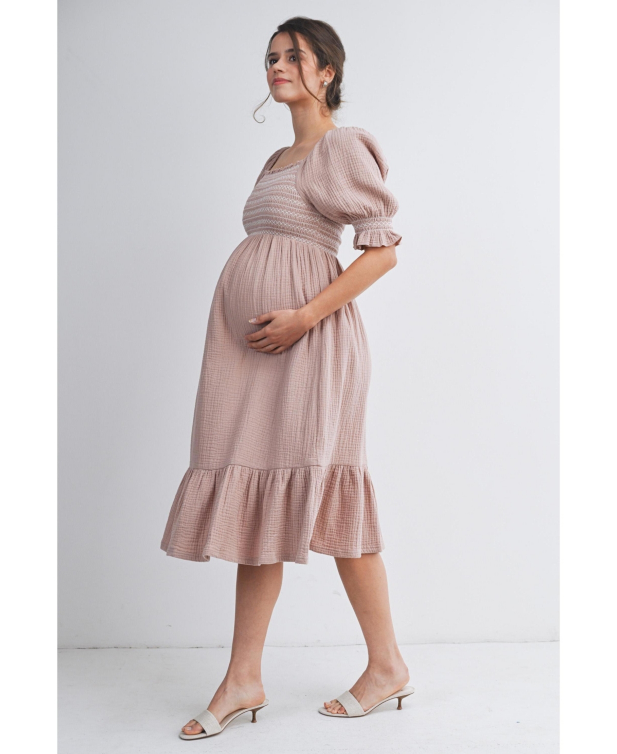 Hello Miz Maternity Smocked Empire Waist Puff Sleeve Midi Dress with Ruffle Hem