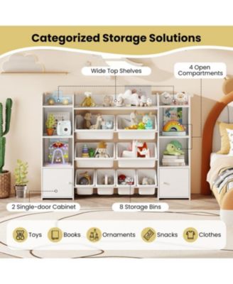 Large Kids Storage Organizer with 8 Bins and Bookshelf