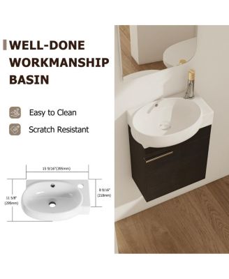 17" Wall-Mounted Modern Bathroom Vanity with Ceramic Sink, Black Chestnut Plywood Cabinet & Soft Close Door for Small Spaces-Sillysis