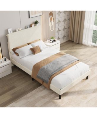 Bed Frame with USB Charging Station, Corduroy Upholstered Platform Bed Frame with Adjustable Storage Headboard, Wooden Slats Support