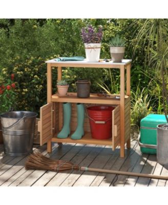 Acacia Wood Outdoor Potting Bench with Storage & Louvered Doors