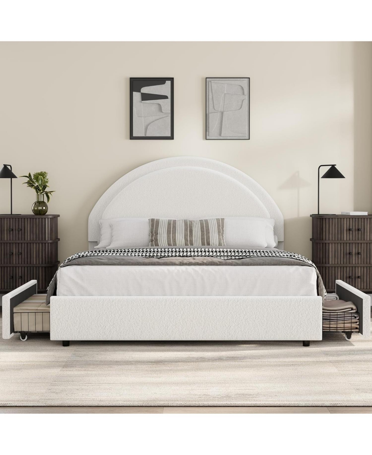 gaomon Queen Bed Frame with Storage Drawers, Upholstered Boucle Platform Round Headboard, Heavy Duty & Noise Free, No Box Spring Needed