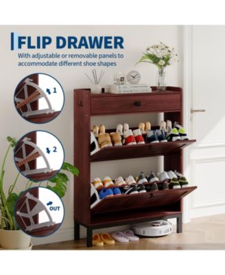 Shoe Storage Cabinet with 2 Flip Drawer, Shoes Organizer with with Top Drawer，Hollow Out Panel & Black Square Handles