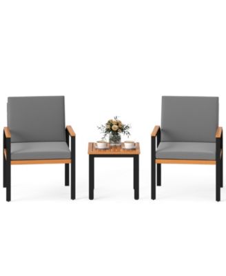 3 Pieces Patio Furniture Set Outdoor Bistro Conversation Set w/ Acacia Wood Side Table