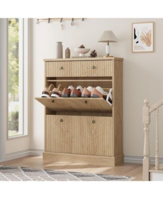 Fluted Shoe Cabinet with 2 Flip Drawers and 1 Top Drawer Narrow Wooden Cabinet with Adjustable Shelves Freestanding Shoe Organizer