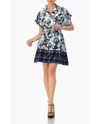 Women's Short Printed Dress with Dropped Sleeves