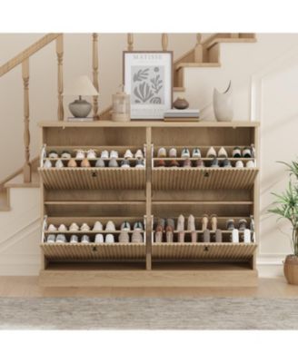 Shoe Cabinet with 4 Flip Drawers Freestanding Cabinet with Adjustable Shelves and Thicken Top Fluted Design Wooden Narrow Shoe Organizer