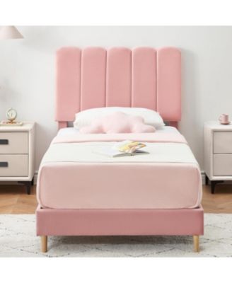 Twin Bed Frame, Velvet Upholstered Platform Bed with Wave Headboard for Girls/Kids, Easy Assembly, Wooden Slats Support, No Box Spring Needed