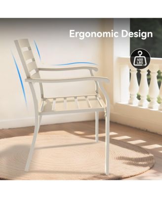 7-Piece Outdoor Dining Set, 6 Stackable Metal Chairs with 1 Round Slatted Table, Sandstone Color, All-Weather Patio Set