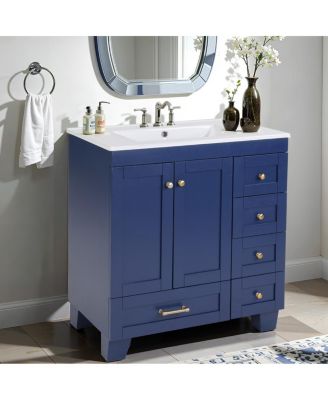 30" Blue Bathroom Vanity with Ceramic Sink, Solid Wood Frame, Pull-Out Drawers, Adjustable Storage, Soft Close Slides