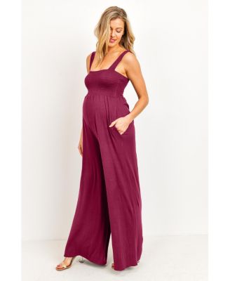 Maternity Sleeveless Smocked Bodice Wide-Leg Jumpsuit with Pockets