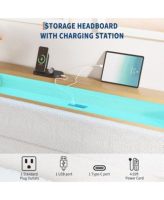 Queen Upholstered Bed Storage Headboard LED Boucle Platform Charging Station No Box Spring Easy Assembly