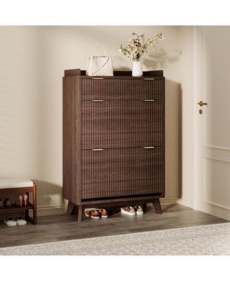 Fluted Wood Shoe Storage Cabinet for Entryway with 2 Flip Drawers and Adjustable Shelves 48 inch Tall Freestanding Hidden Narrow Shoe Rack