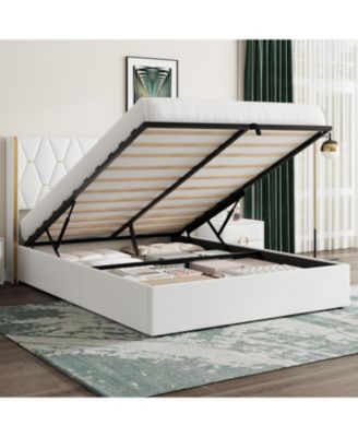 Full Size Lift Up Storage Bed Frame with with Gold Wingback Headboard, Velvet Upholstered Bed Frame with Diamond Tufted Design