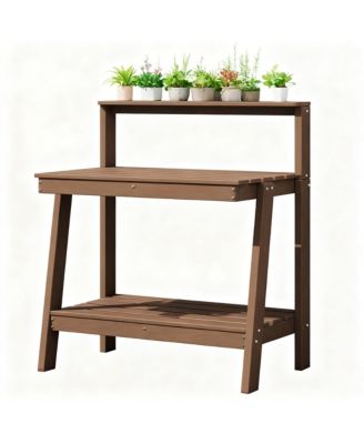 Outdoor gardening 3-tier shelf with angled legs and hooks
