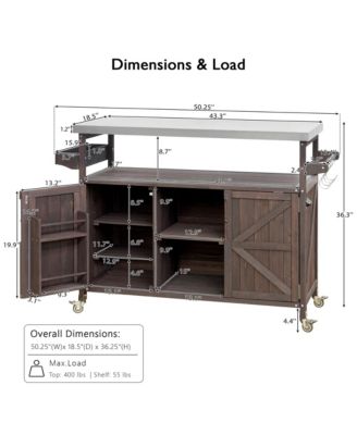 Outdoor Kitchen Island and Rolling Bar Cart, Farmhouse Solid Wood Grill Table with Stainless Steel Top, Spice Rack and Towel Rack