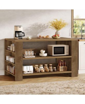 3-Tier Farmhouse Kitchen Island with Storage, 59'' Wooden Stationary Island Table with Open Shelves & Large Worktop & Leg Room