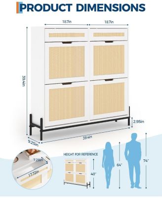 Rattan Shoe Cabinet Storage with 4 Flip Drawers and 2 Top Drawers Freestanding Shoe Organizer Wooden Slim Shoe Rack Storage