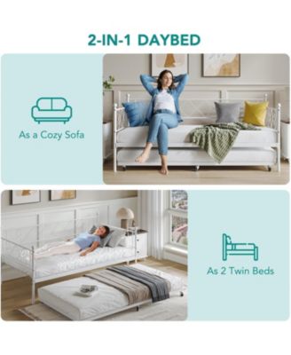 Daybed with Trundle Metal Twin Headboard Sofa Bed Metal Slats Bedroom Living Room Guest Room