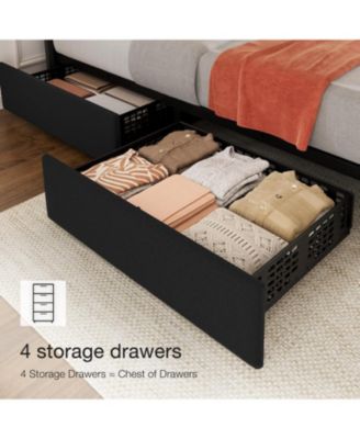 Linen Upholstered Platform Bed Frame 4 Storage Drawers Adjustable Headboard No Box Spring Wooden Slats Support