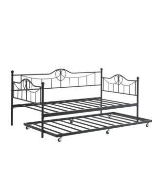 Daybed with Trundle Twin Day Bed 6 Wheels Art Sweet Heart Heavy Duty Metal Slats Pull Out Sofa Bed