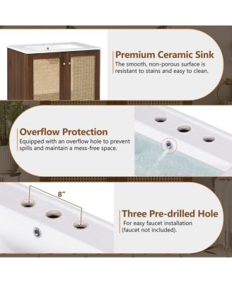 30'' Modern Bathroom Vanity with Ceramic Sink, Bamboo & MDF, Soft Close Rattan Doors, Freestanding Storage Cabinet for Small Spaces