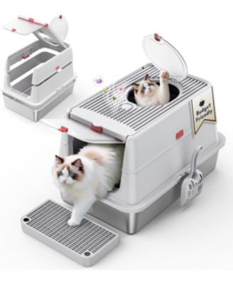 LTMATE Stainless Steel Litter Box with Lid,with Triple Pedal, Non-Sticky, Anti-Leakage