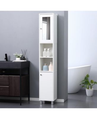 Tall Bathroom Storage Cabinet with Mirror, Wooden Freestanding Tower Cabinet with 2 Enclosed Cabinets, 2 Middle Open Shelves for Small Spaces