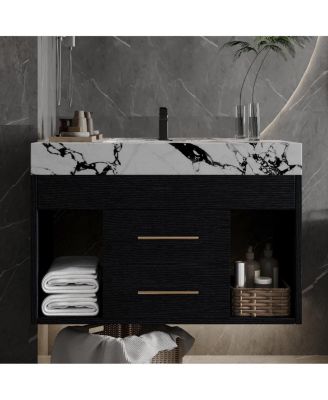 29.9" Floating Bathroom Vanity with Ceramic Sink, Sintered Stone Top, 2 Soft Close Drawers, Wall Mounted for Small Bathrooms