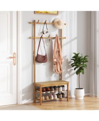 PE Rattan Hall Tree Coat Rack with Bench and Shoe Storage