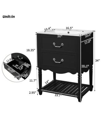 24 Inch Vintage Bathroom Vanity with Ceramic Sink, U-Shaped Drawers and Open Storage Shelf for Small Spaces-Sillysis