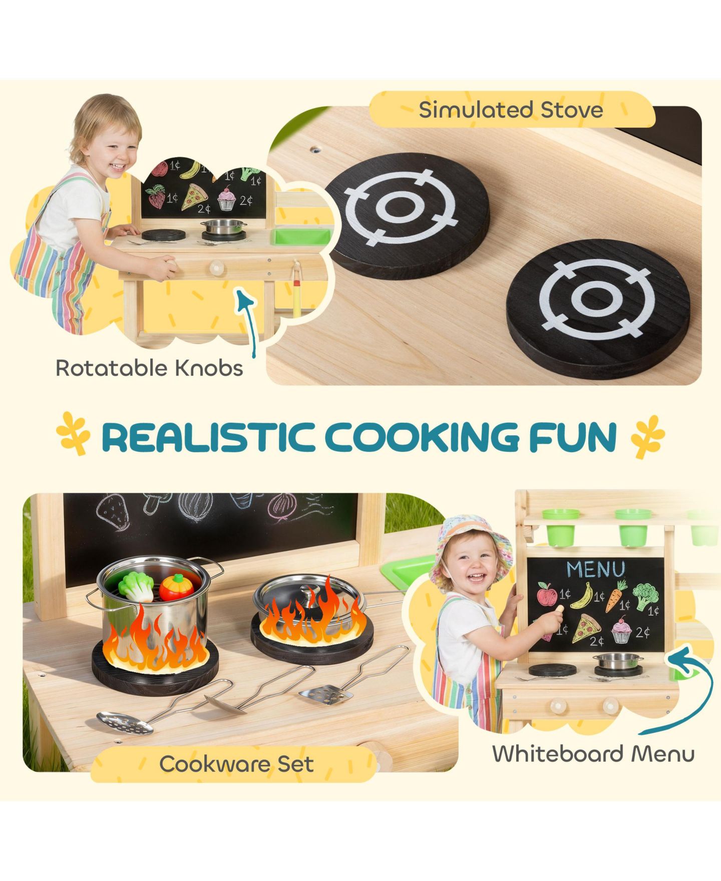Детская игрушка Qaba Wooden Kids Mud Kitchen with Kitchenware and Garden Tools, цвет: Натуральный — фото 6