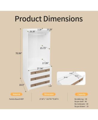 Wardrobe - Freestanding Closet Organizer with 3 Wood Drawers and Hanging Rod for Living Room, Bedroom Organizer