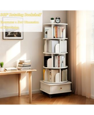 5 Tier Rotating Bookshelf with Drawers On Wheel, 360° Display Spinning Corner Bookcase, Wooden Storage Rack for Study Room